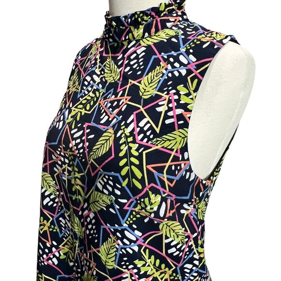 THML Dress S Blue Green Floral Geo Sleeveless Ruffle Neck Peplum Hem Boho Chic - Picture 3 of 14